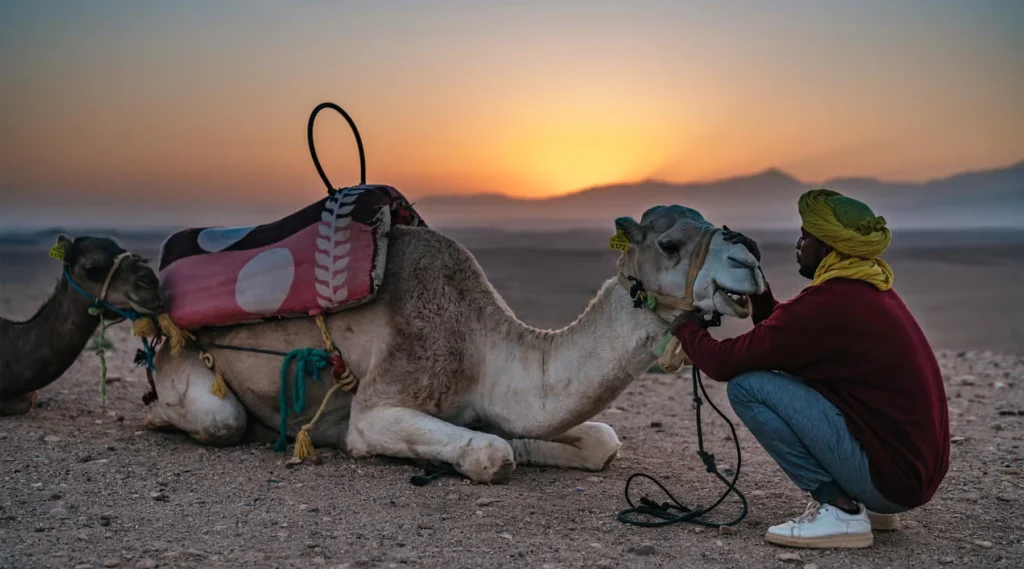 Berber camp in the Agafay Desert with traditional tents Berber camp in the Agafay Desert with traditional tents